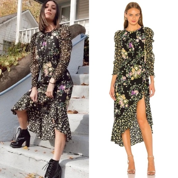FOR LOVE & LEMONS Floral Long Sleeve Cutout Tie Back Ruched Ruffle Midi Dress XS - Picture 9 of 17